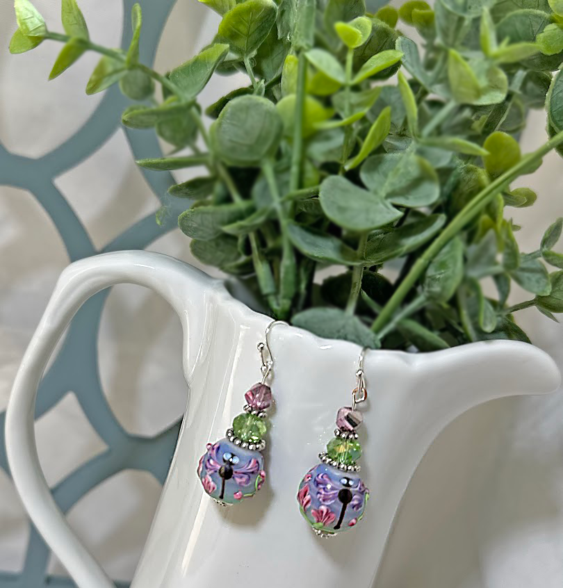 Lamworked and crystal dragon fly earrings